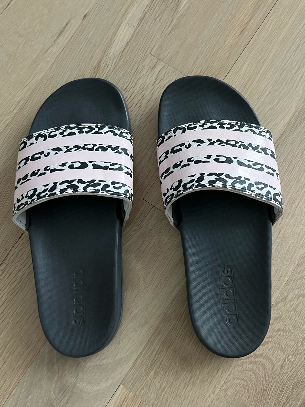adidas Women's Black Slide Sandals with Pink Leopard-Print Strap